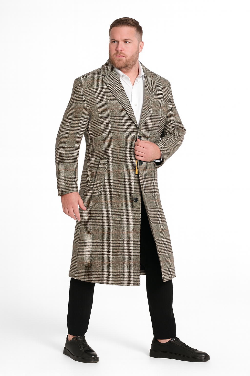 Men’s Full length Long Plaid Overcoat – Classic Checkered Wool Blend Winter Coat in Gray Color Checkered