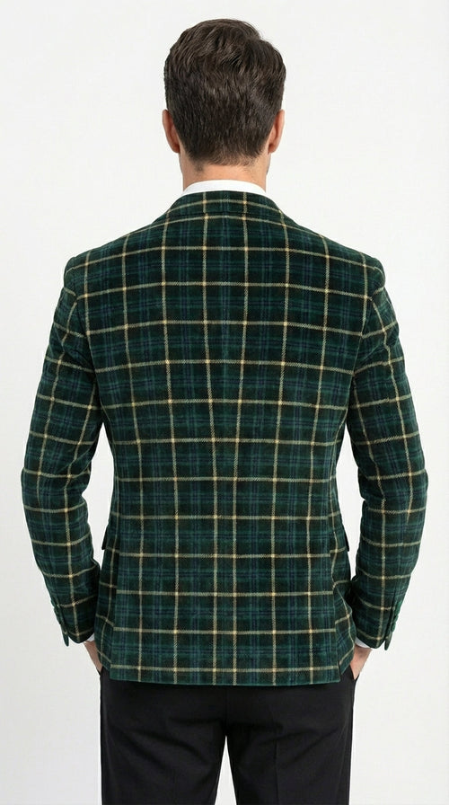 Mens Tartan Green and Gold Check Blazer β Windowpane Plaid Sport Coat Velvet Lapel Plaid Christmas Holiday New Year Jacket