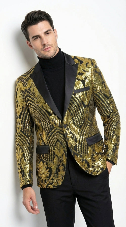 Mens Black and Gold Pattern Blazer – Gold Floral Luxury Formal Blazer Jacket for Prom, Wedding and Party Slim Fitted
