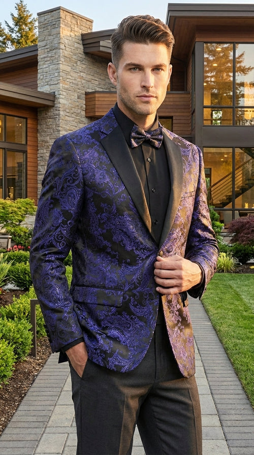 Mens Royal Blue Paisley Jacquard Blazer β Luxury Pattern Tuxedo Dinner Jacket with Black Satin Lapel for Wedding, Prom With Bowtie