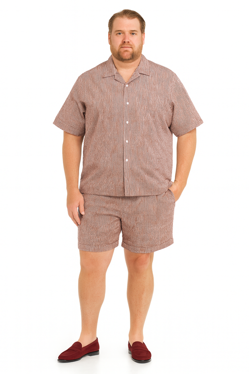 Men’s Burgundy Reddish Seersucker Short Set Walking Suit - Two-Piece Cuffed Shorts with Expandable Waist by USA Men's Outlet