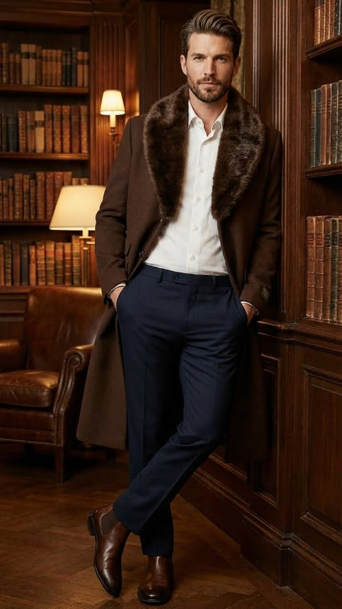 Men’s Brown Long Overcoat with Faux Fur Collar - Classic Winter Formal Coat Three Quarter Carcoat Wool and Cashmere Fabric USA Men's Outlet