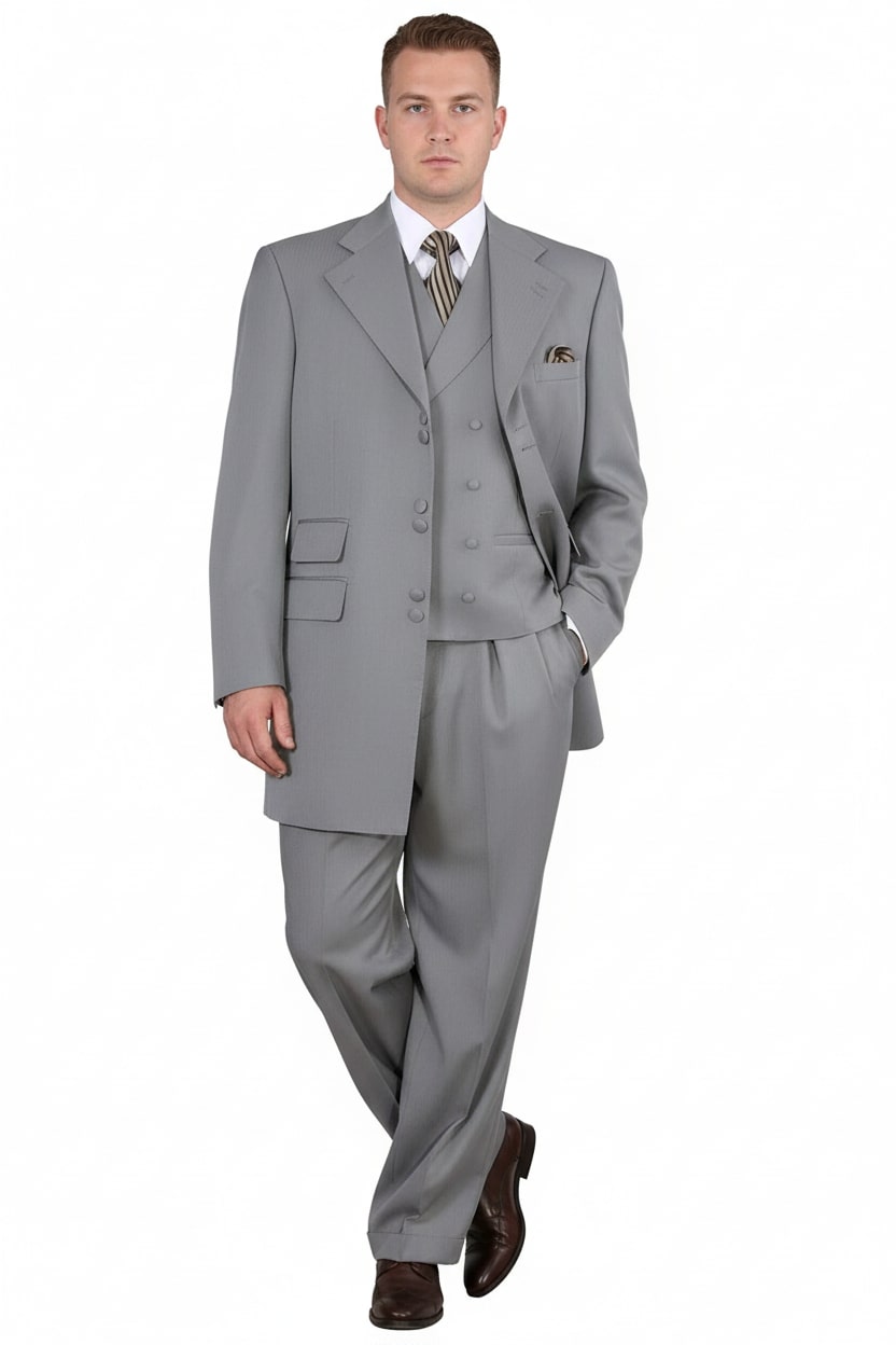 Mens Zoot Suit - Light Gray 3-Piece Suit with Vest – Classic Business and Wedding Formal Wear - 1920s Fashion