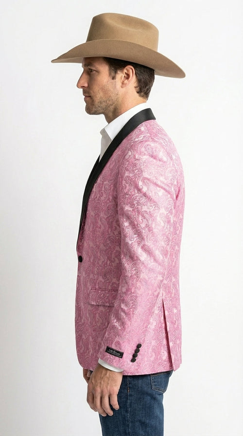 Mens Hot Pink Paisley Western Blazer Jacket β Stylish Pattern Formal Blazer with Black Shawl Lapel for Party, Wedding Cowboy Sportcoat