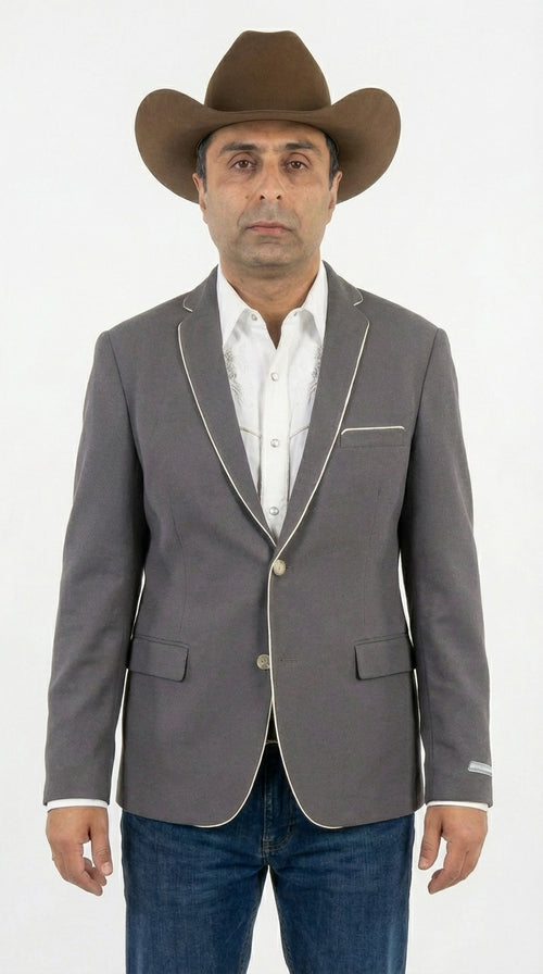 Mens Grey and White Trim Western Blazer β Classic Fit Cowboy Style Contrast Trim Dress Jacket