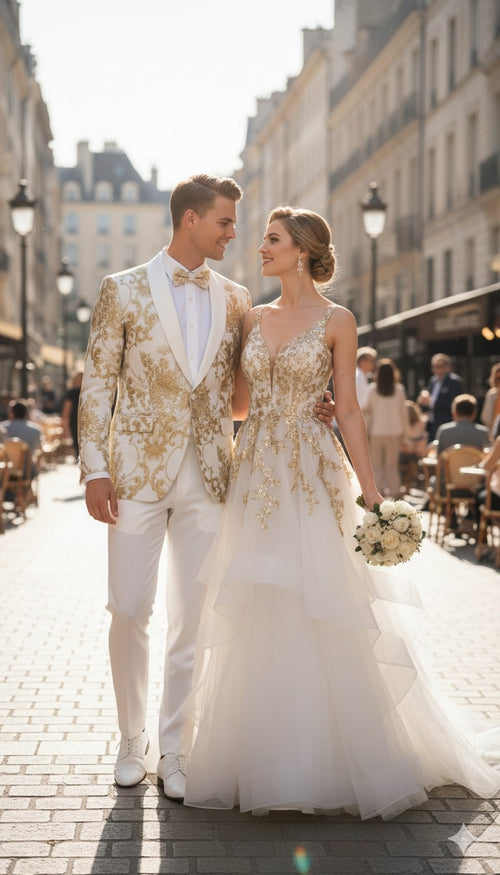 Mens White and Gold Floral Tuxedo Jacket with Satin Lapel – Luxury Prom, Wedding and Formal Dinner Blazer
