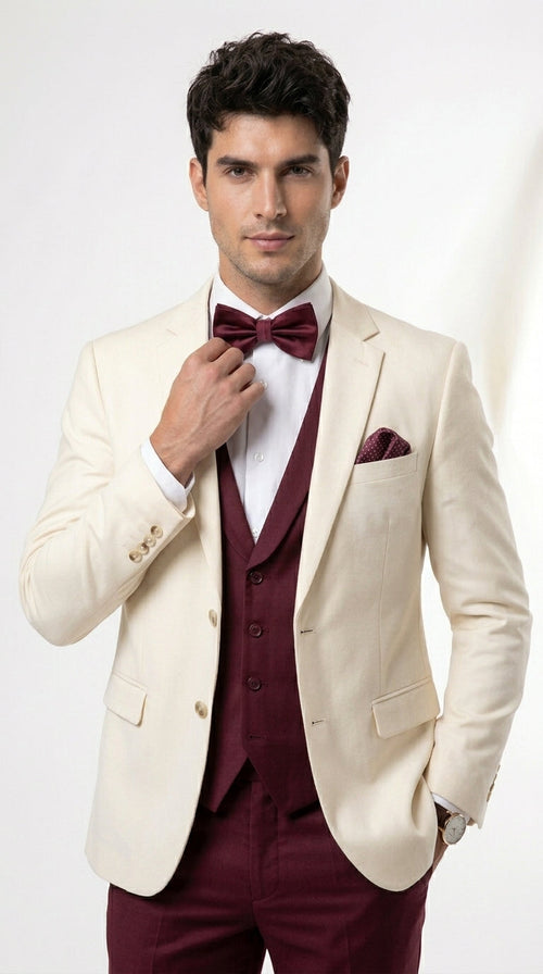 Menās Cream Ivory and Burgundy 3 Piece Tuxedo Suit, Vested Formal Wedding Prom Dinner Suit in Cream Off White Color