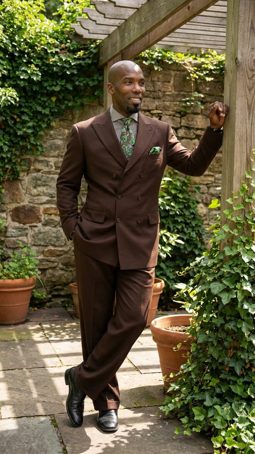 Men’s 6 on 3 Style Brown Double Breasted Suit with Wide Leg Pleated Pants, Classic Formal 2 Piece Dress Suit Set