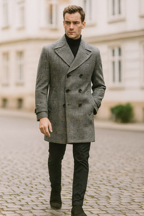 Mens Grey Plaid Double-Breasted Overcoat with Black Faux Fur Collar β Classic Winter Peacoat