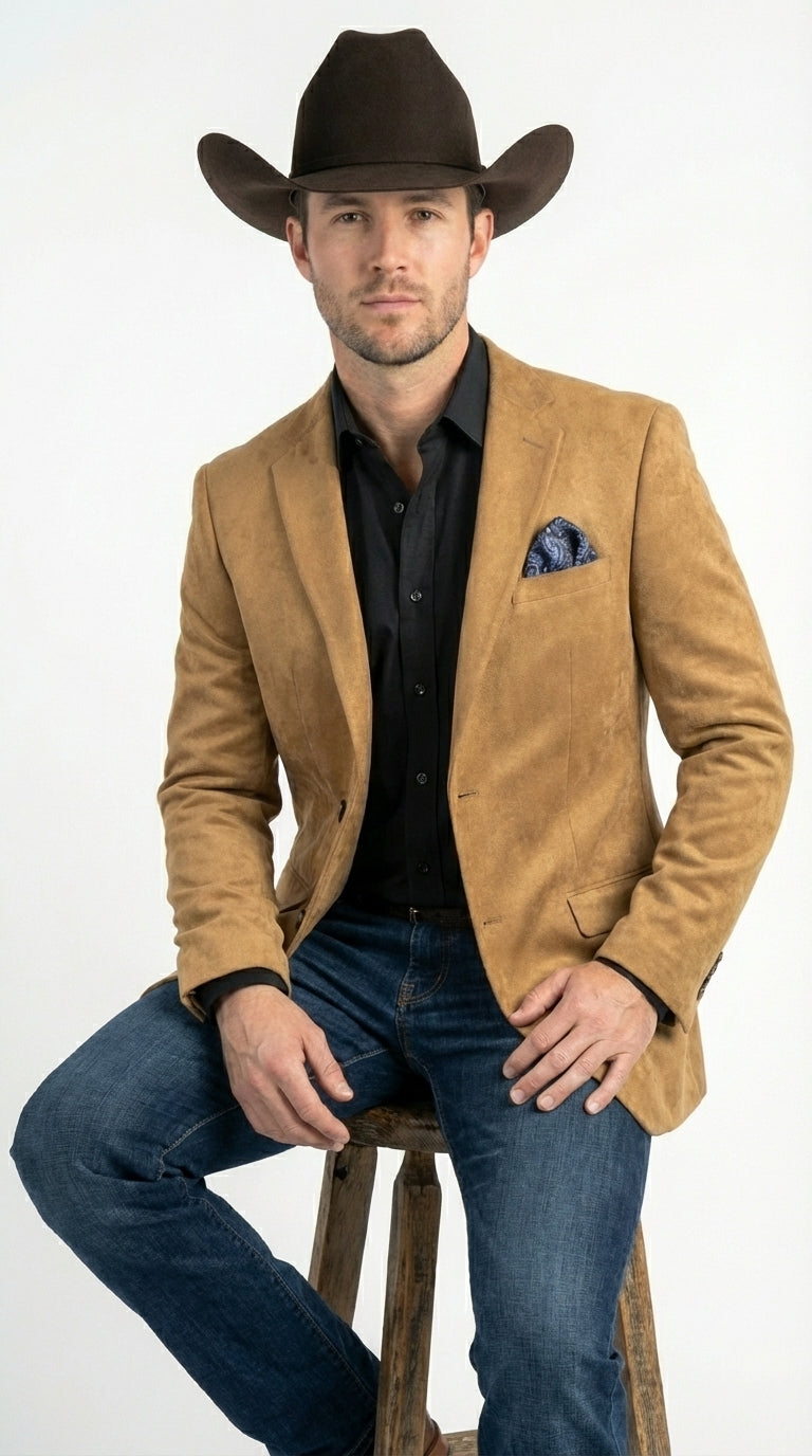 Men’s Camel Suede Cowboy Blazer – Camel Western Style Suede Sport Coat for Casual