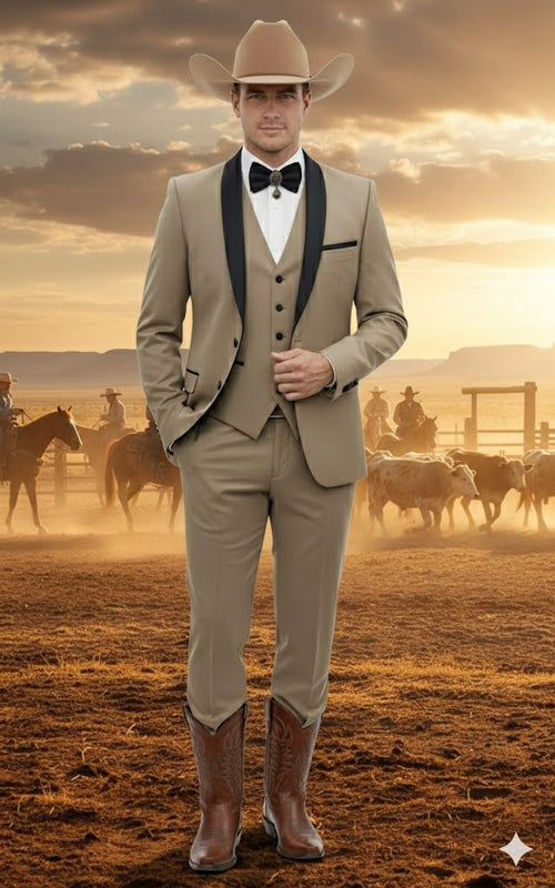 Mens Western Cowboy Suit β 3-Piece Tan Tuxedo with Black Lapel, Vest, and Pants Beige Color