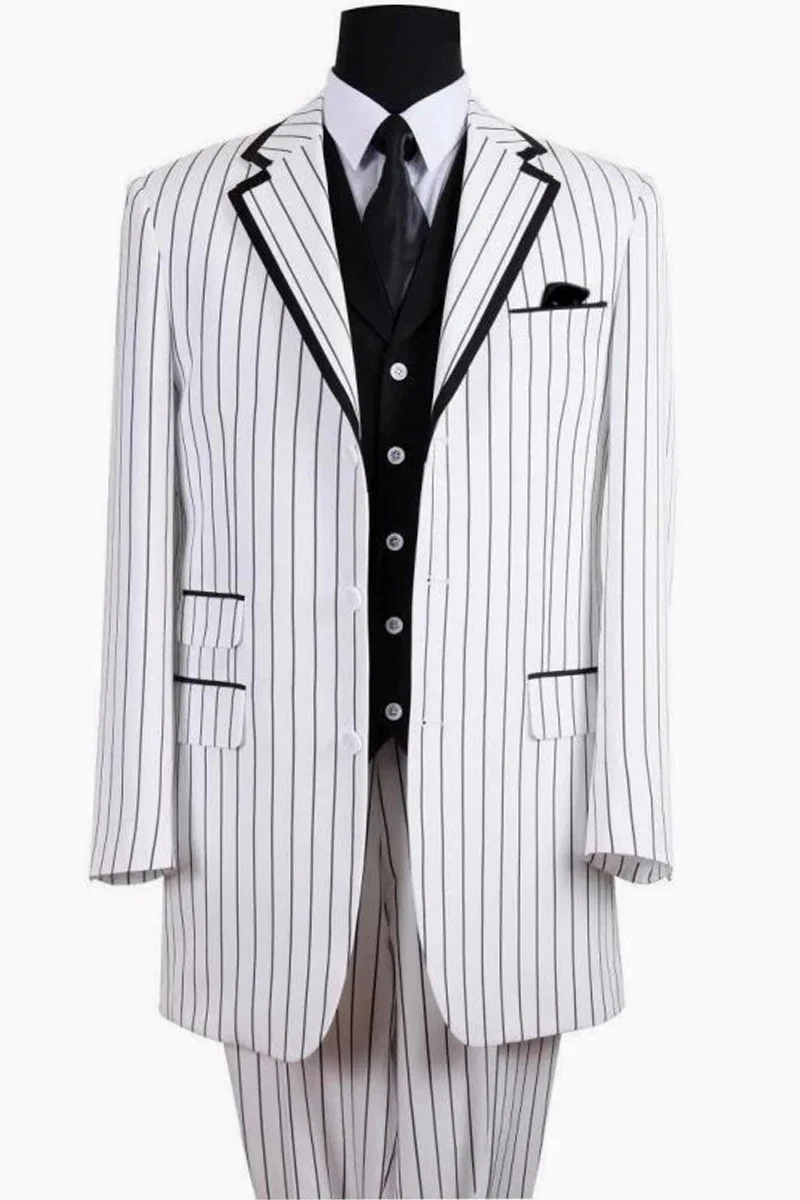 Candy Stripe Suit Mens 3 Button Vested Barbershop Quartet Suin in White with Black Pinstripes – SuitUSA