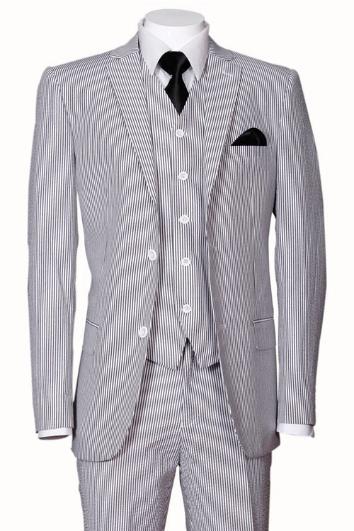 Mens 2 Button Vested Summer Seersucker Suit in Black by Fortino Landiin