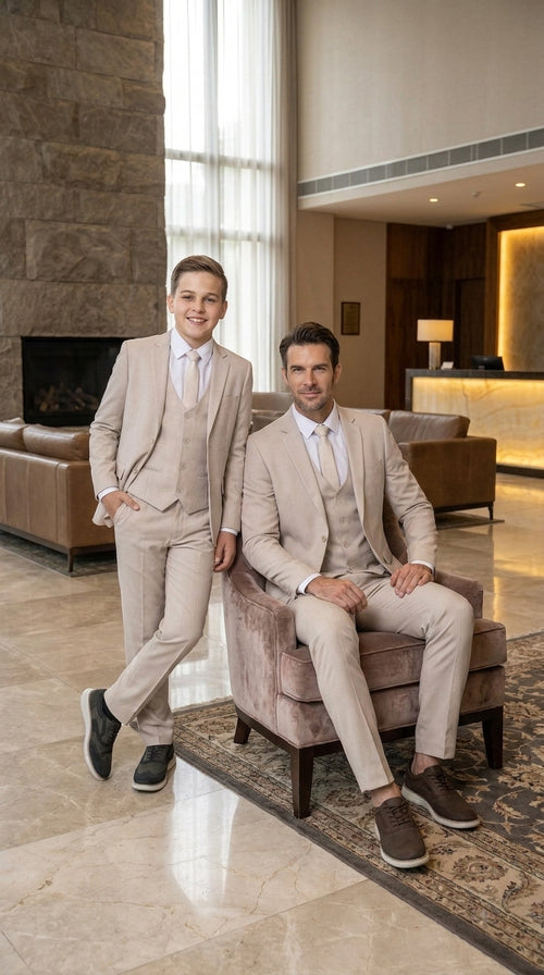 Dad & Son Matching Beige 3-Piece Suits β Father and Son Wedding Formal Suits in Tan Color
