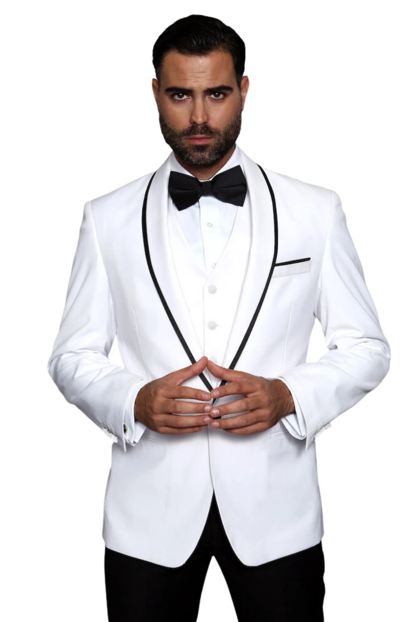 3-Piece Tailored Fit Wool Suit with Bow Tie and Flat Front Pants - White – SuitUSA
