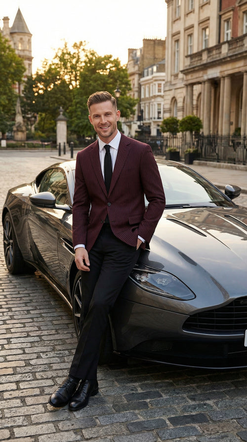 Men’s Burgundy Pinstripe Blazer – Classic Tailored Formal Jacket for Business, Office and Evening Wear