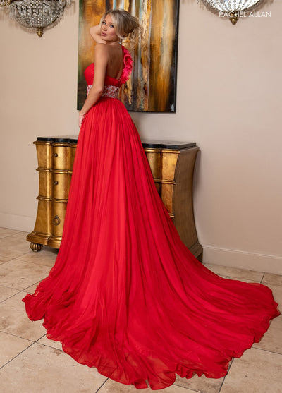 Rachel Allan 70827 One Shoulder A-line Slit Gown