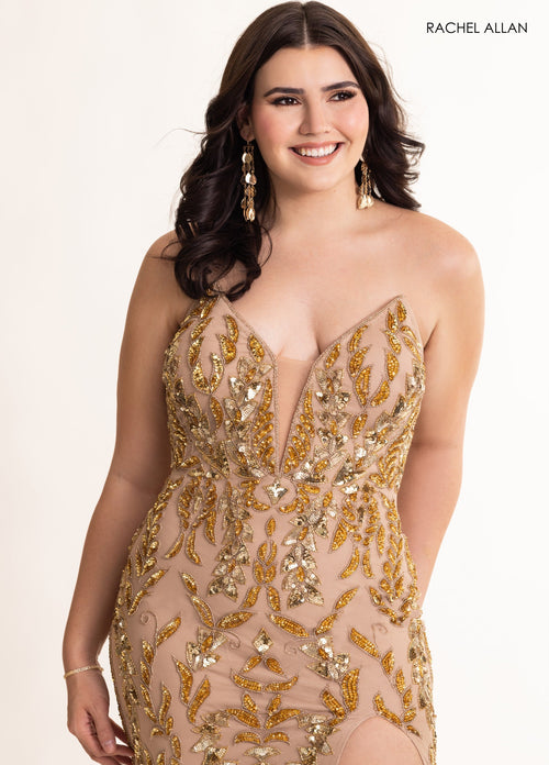Beaded Strapless Slit Gown by Rachel Allan 70931