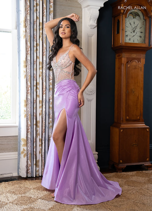Beaded Strappy Back Slit Gown by Rachel Allan 70983