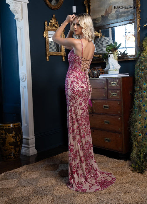 Beaded Sleeveless Slit Gown by Rachel Allan 70999