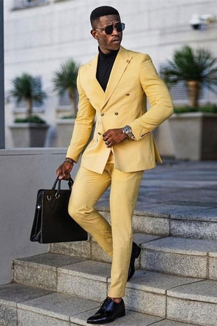 Jaxson Yellow Double Breasted Peaked Lapel Prom Men Suits Yellow Prom Dress