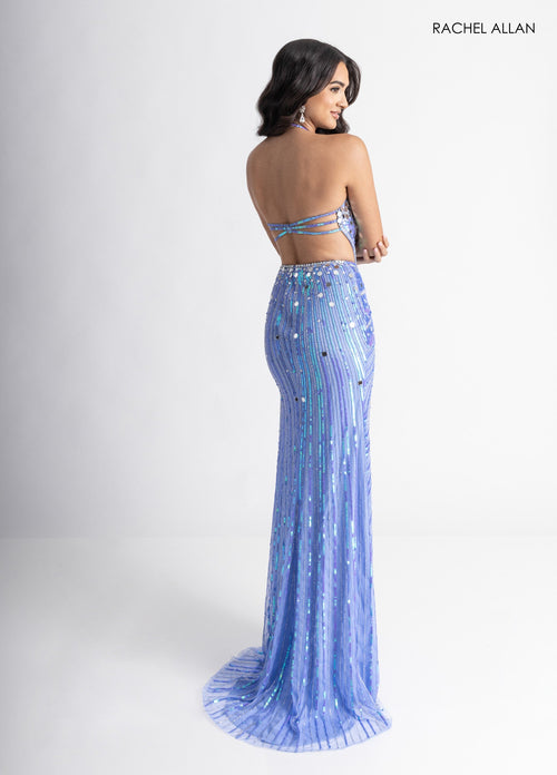 Mirror Beaded V-Neck Slit Gown by Rachel Allan 71011