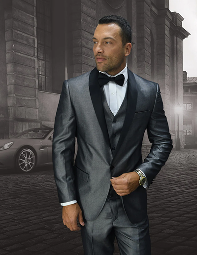 Designer Gray Prom Tuxedo - Grey Wedding Shiny Suit by PROMTUXEDO