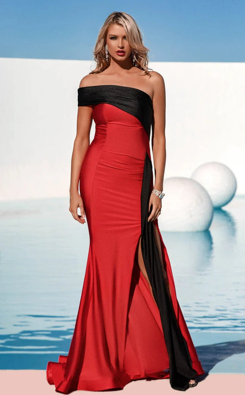 Jessica Angel JA748 One-Shoulder Fitted High Slit Train Prom Red Jersey Dress