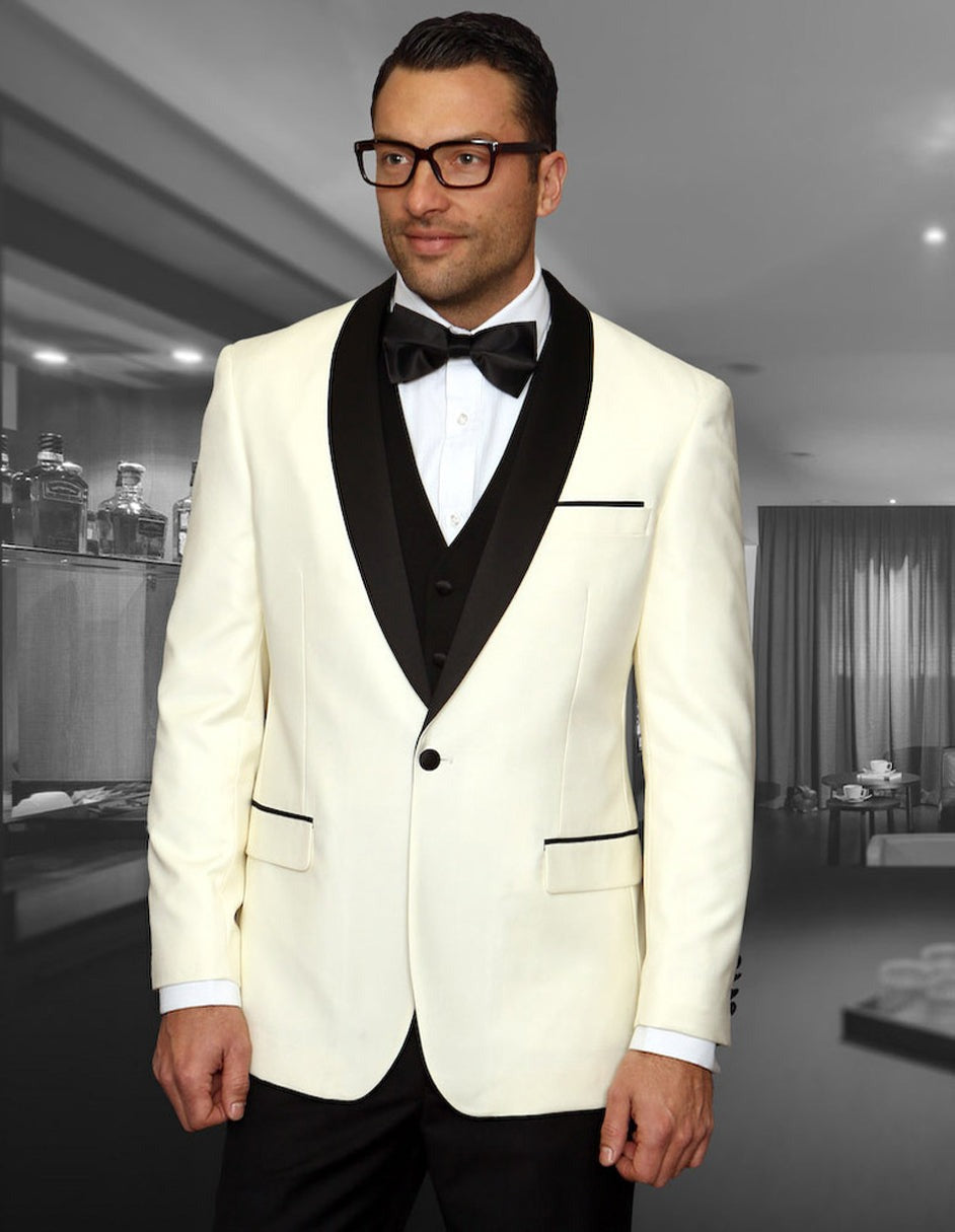 Mens Wool Ivory Dinner Jacket Tuxedo with Black Pants & Vest by PROMTUXEDO – SuitUSA