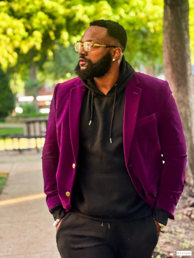 Mens Two Button Modern Fit Velvet Blazer in Dark Purple Plum