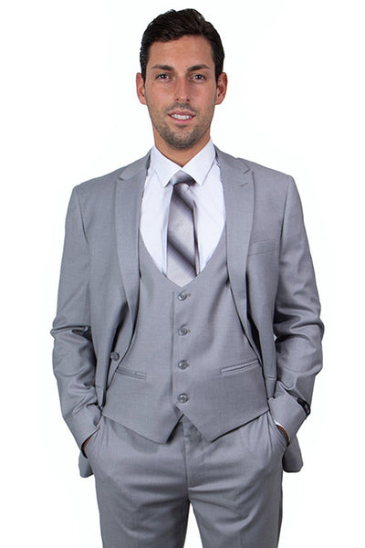 Men's Light Grey Peak Lapel Skinny Suit with Vest