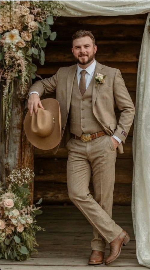 Mens Sharkskin Dark Taupe Tan with sheen Western 3 Piece Suit β Classic Country Style Blazer Vest Pants Set, Formal Cowboy Suit Outfit