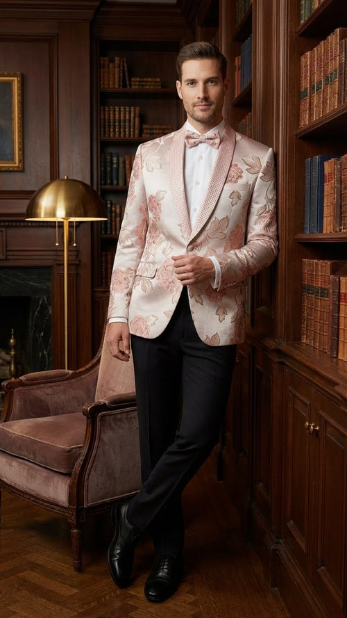 Men’s Pink Blush Floral Jacquard Blazer with Embellished Shawl Lapel – Luxury Party and Wedding Wear Jacket