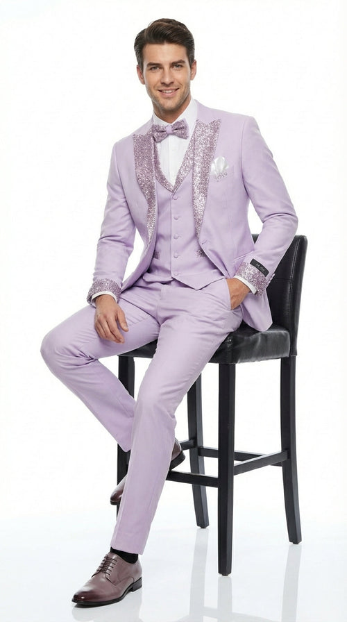 Men’s Lilac Suit with Silver Glitter Sequin Lapel – Lilac and Silver Formal Tuxedo Suit for Prom, Wedding Lavender Tuxedo