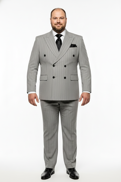 Men’s Grey and Black Pinstripe Double-Breasted Suit - 1920s Gangster Vintage Looking suit By Rossiman USA Men's Outlet