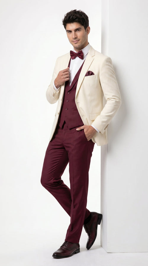 Menās Cream Ivory and Burgundy 3 Piece Tuxedo Suit, Vested Formal Wedding Prom Dinner Suit in Cream Off White Color