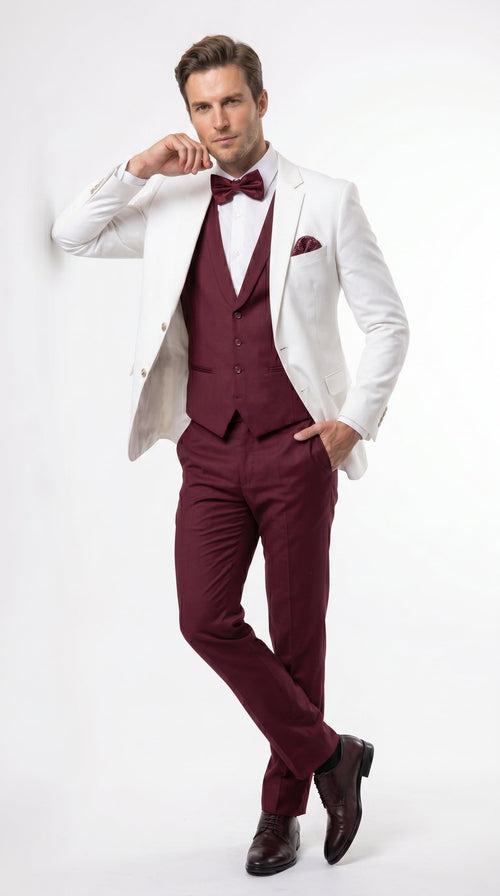 Menās White and Burgundy 3 Piece Tuxedo Suit, Vested Formal Wedding Prom Dinner Suit Set bowtie included