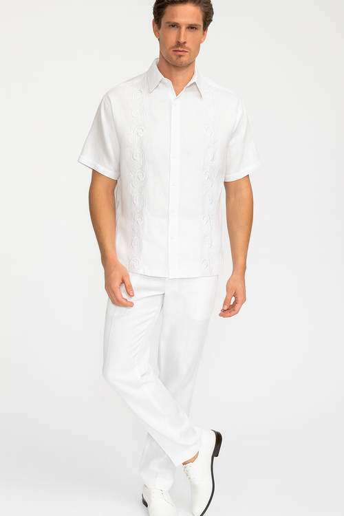 Men’s Linen White Embroidered Guayabera Two-Piece Set – Short Sleeve Shirt and Pants - Summer Walking Suit