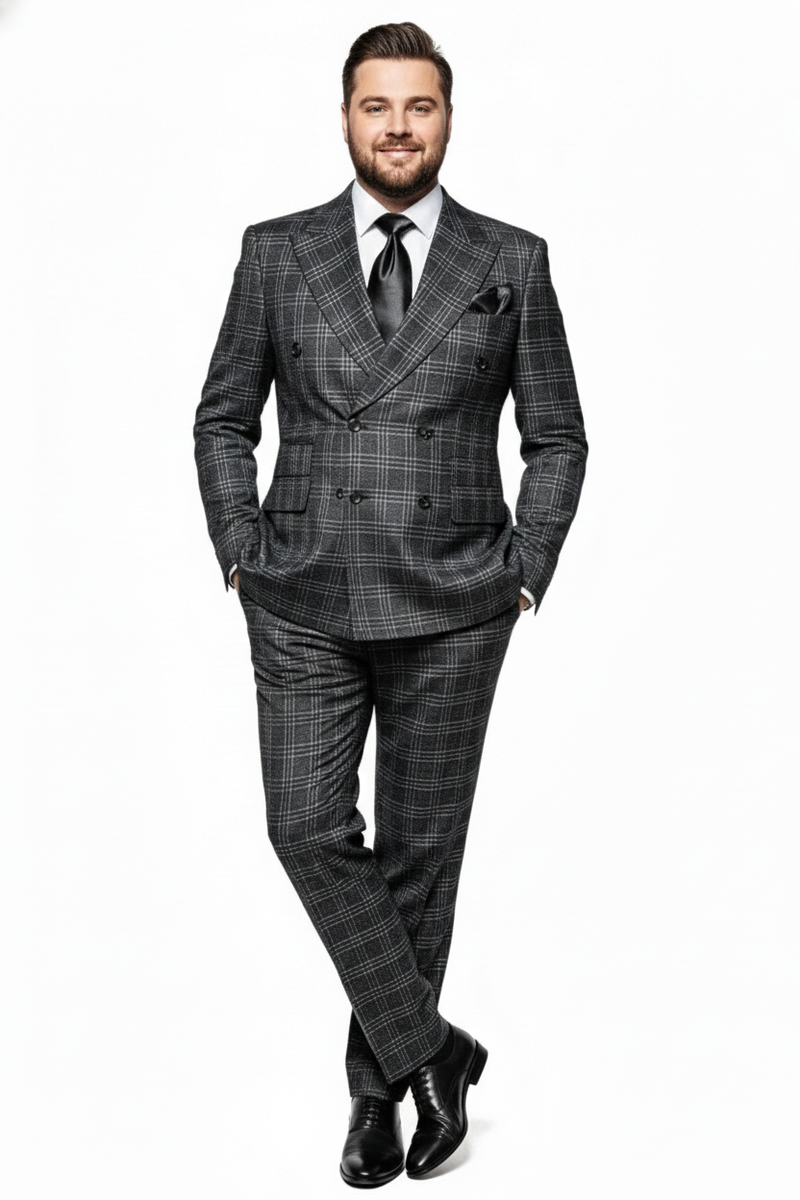 Men’s Charcoal Plaid Double-Breasted Suit – Tailored Pants Windowpane Pattern By Rossiman