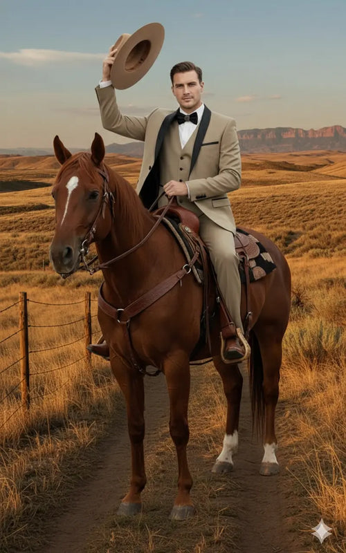 Men’s Western Cowboy Suit – 3-Piece Tan Tuxedo with Black Lapel, Vest, and Pants Beige Color