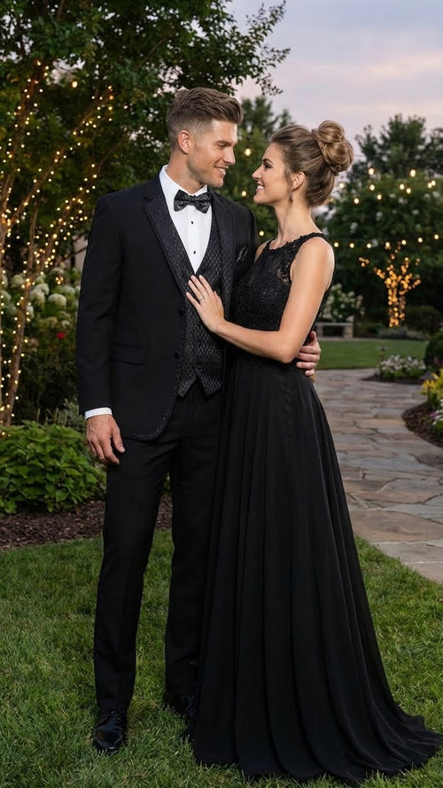 Men's Black Vested Tuxedo Suit with Patterned Lapel – Classic Formal Suit for Wedding, Party and Evening Events