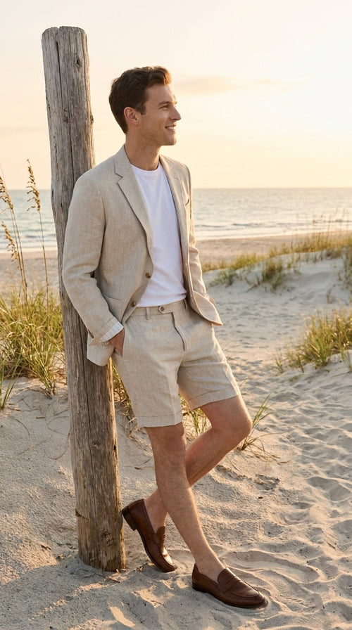 Menās Tan Linen Suit with Shorts, 2 Piece Summer Short Suit, Casual Beach Wedding Outfit
