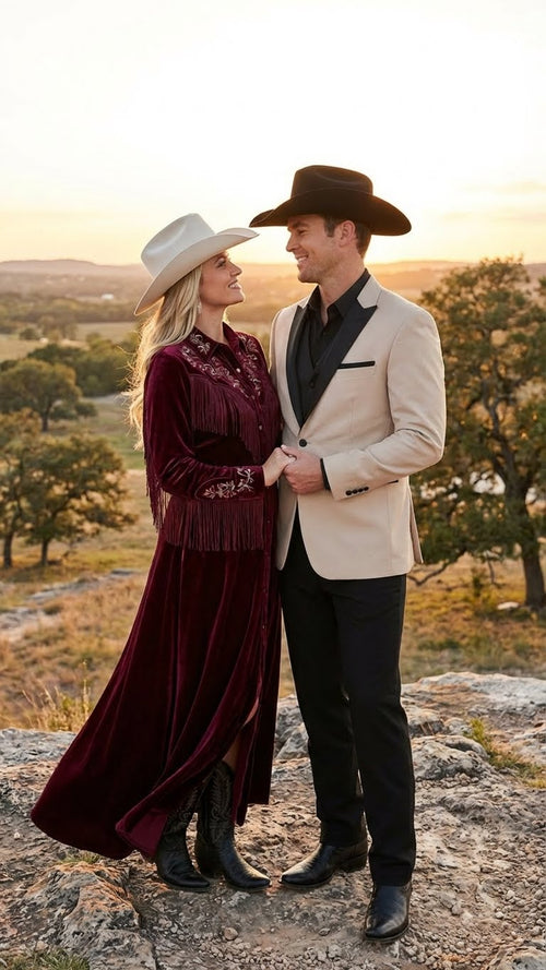 Men's Light Tan and Black Lapel Western Tuxedo Suit Set Wedding Party Cowboy Dress Tuxedo Black Pants