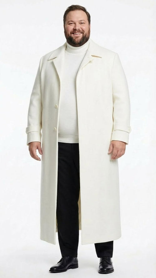 Mens Off-White Long Trench Coat β Overcoat with Classic Clean Design Duster Maxi Coat in Ivory Color