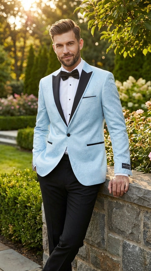 Men’s Baby Blue Tuxedo Blazer with Black Lapel – Formal Dinner Jacket for Wedding, Prom and Evening Events in Sky Light Blue Color