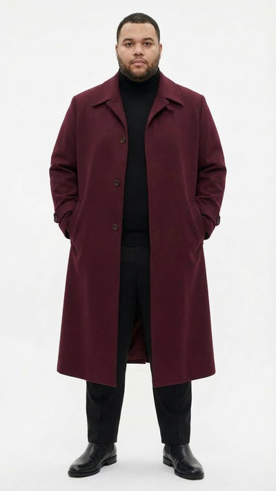Men’s Full-Length Burgundy Overcoat – Microfiber 4 season fabric Long Formal Coat with Classic Tailored Maxi Duster Coat