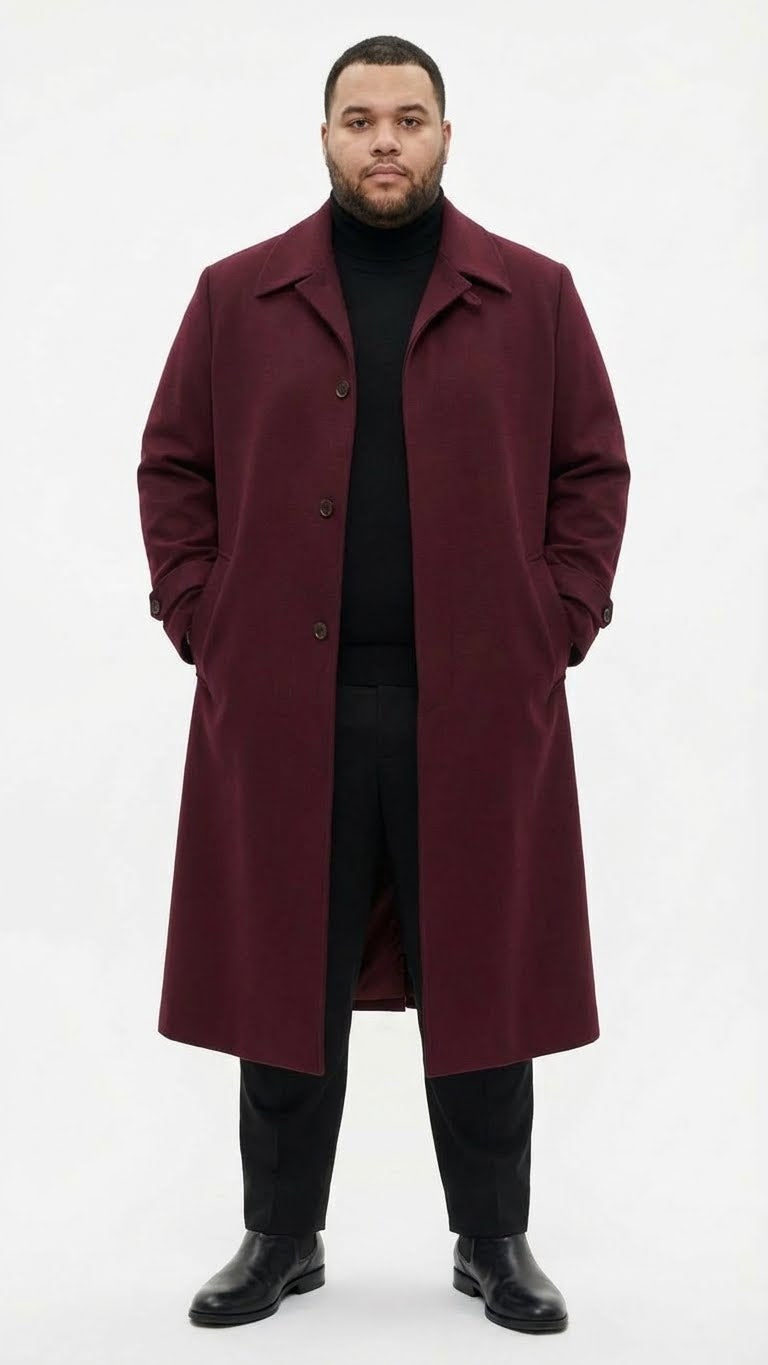 Men’s Full-Length Burgundy Overcoat – Microfiber 4 season fabric Long Formal Coat with Classic Tailored Maxi Duster Coat – SuitUSA