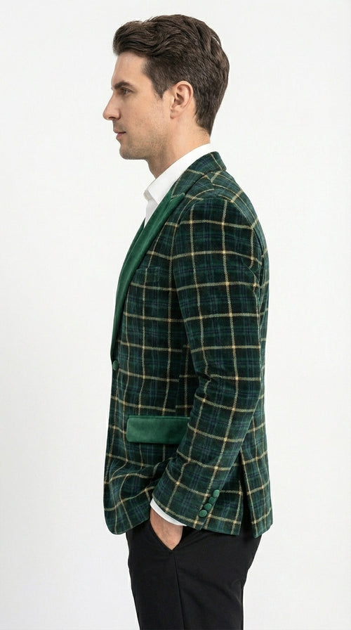 Mens Tartan Green and Gold Check Blazer β Windowpane Plaid Sport Coat Velvet Lapel Plaid Christmas Holiday New Year Jacket