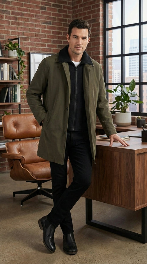 Mens Olive Brown Trench Coat Raincoat β Classic Water Resistant Long Coat with Zip and Button Closure for Business, Travel and Everyday Outerwear