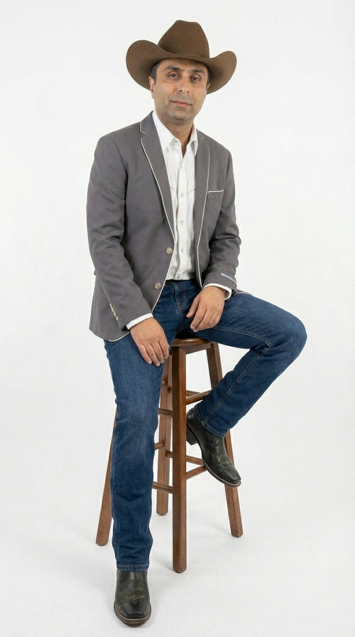 Mens Grey and White Trim Western Blazer β Classic Fit Cowboy Style Contrast Trim Dress Jacket